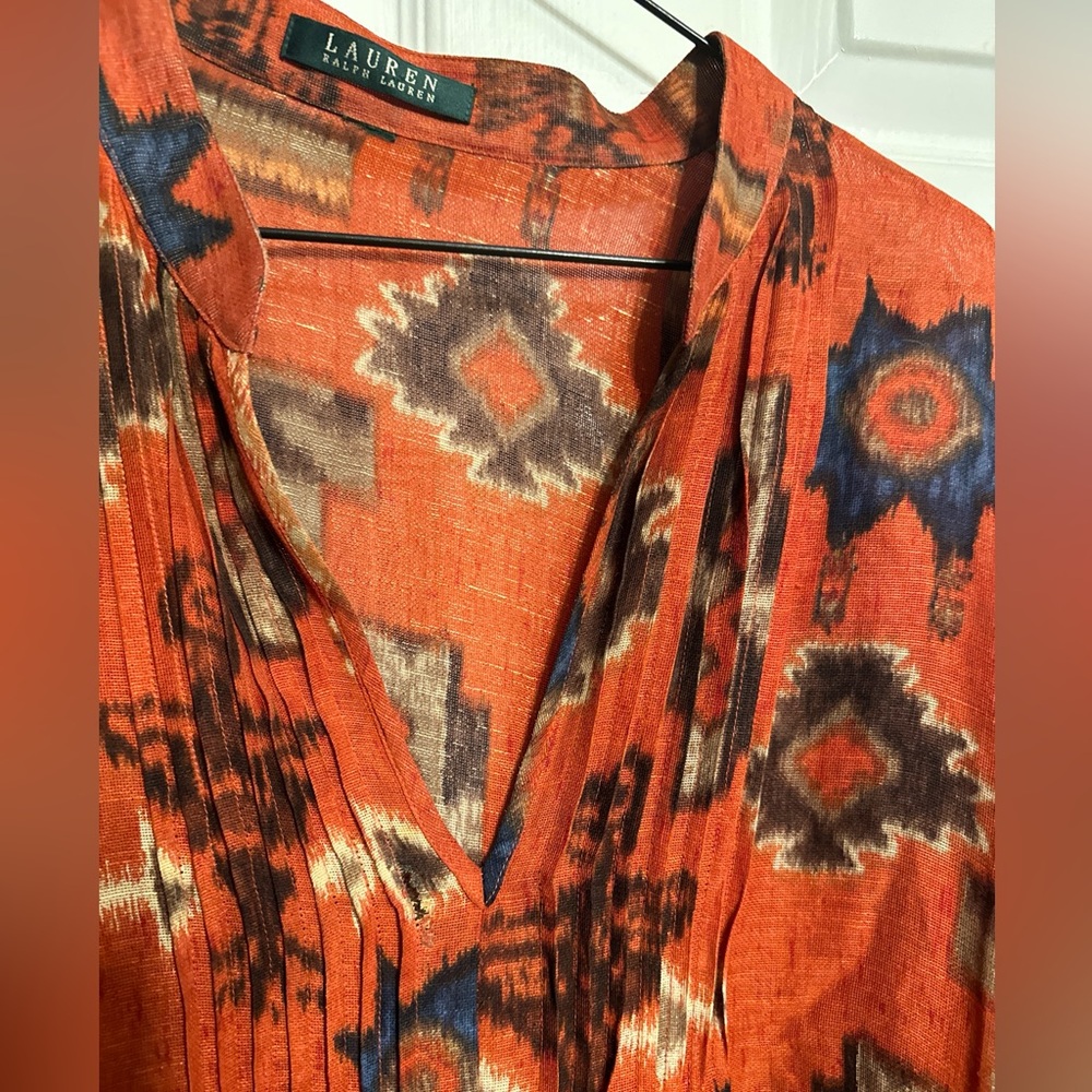 Ralph Lauren Womens Rust Southwest Popover Pleated Blouse L/s Ck Measurements - Picture 2 of 10